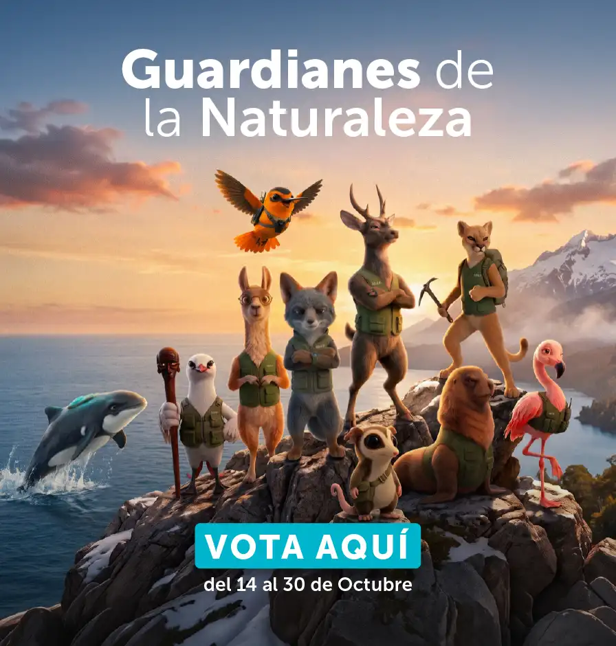Imagen Hero de los 10 guardianes que están en votación acompañado del texto "Guardianes de la Naturaleza" y el botón "Vota Aqui, del 14 al 30 de Octubre"